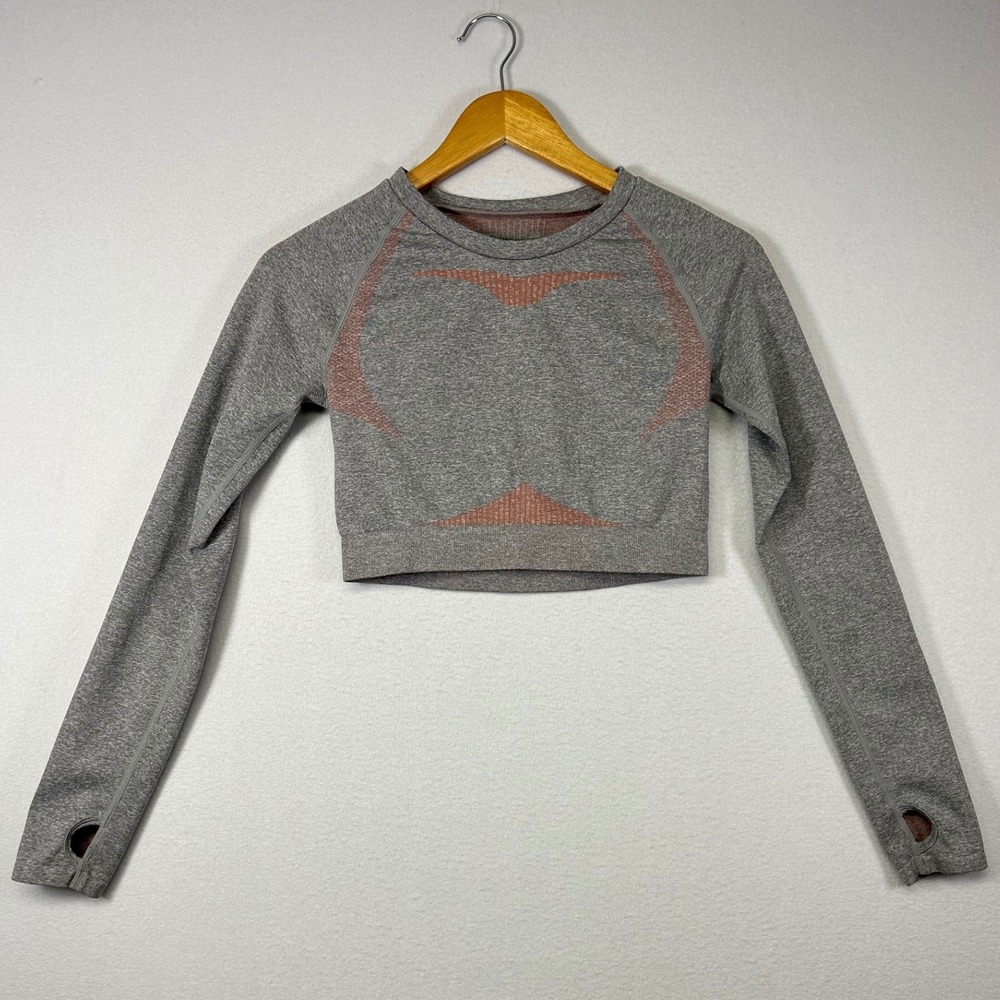 Athleisure Nova Sport Womens Small Gray Seamless Long Sleeve‎ Thumbhole Crop Top